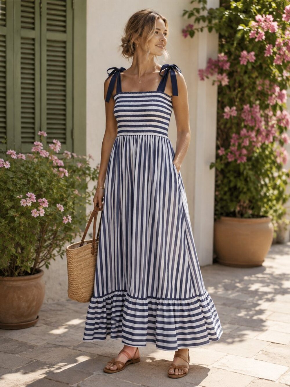 Summersalt Smocked Maxi Dress M Nautical Stripe Blue Mountain Bow Tie